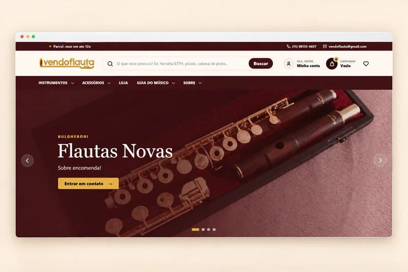 Site Vendo Flauta: loja de instrumentos com identidade em vinho e dourado